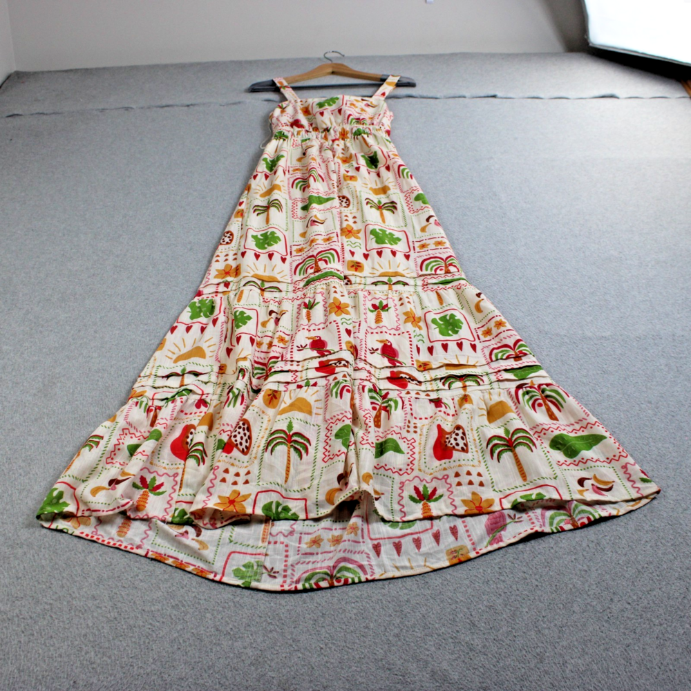 Tropical Dress Women Small White Maxi Back Tie Tiered Parrot Boho Coastal Cruise